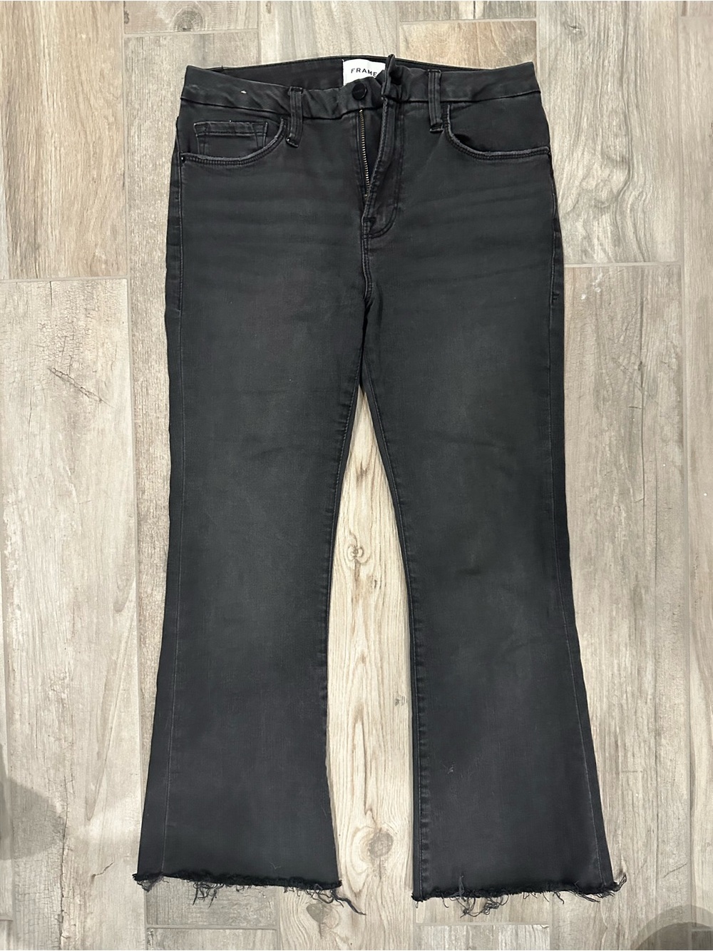 Frame Denim Black Cropped Flare Jeans with Frayed Hem